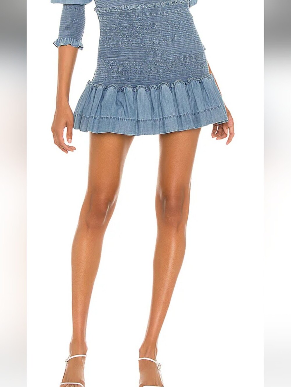 Veronica Beard Aloya Light Indigo Smocked Chambray Ruffle Mini Skirt. Size 4
